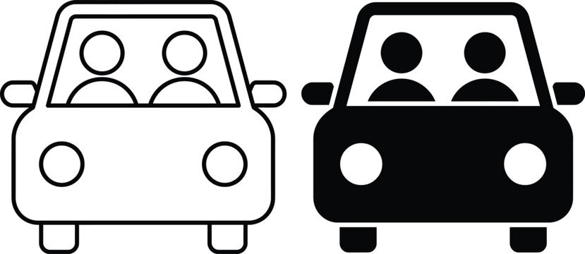 Front view car with passengers icon set in outline and solid design vehicle icon auto sign automobile passengers car symbol