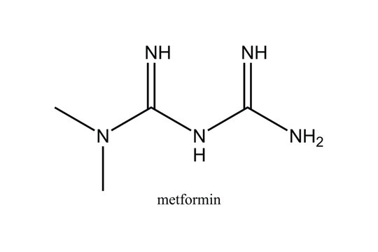 Metformin molecular structure shown as a two-dimensional chemical skeletal formula isolated on a clean white background for diabetes, pharmaceutical, medical, and scientific applications.