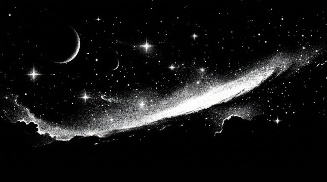 Starry Night Sky with Glowing Stars, Galaxy, Nebula and Moon, Abstract Cosmic Universe Background for Astronomy, Science, Fantasy and Christmas Themes