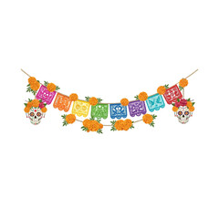Fototapeta premium Colorful mexican papel picado banner with marigold flowers