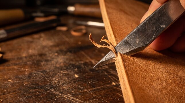 Skilled artisan cutting and skiving genuine brown leather with a sharp blade tool