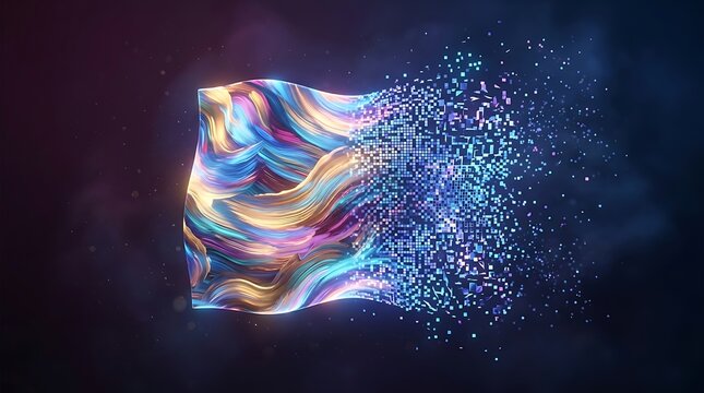 Abstract colorful glowing wave dissolving into particles on dark background