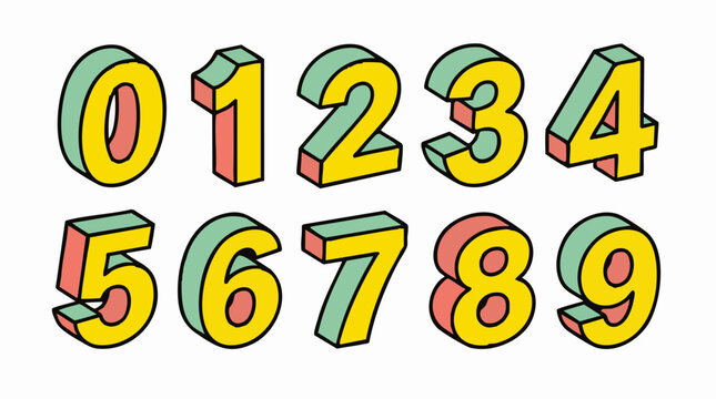 Vibrant Retro Isometric 3D Numbers 0-9 with Black Outline on White