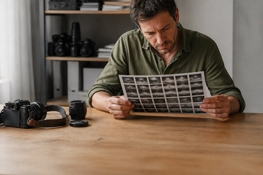 A man is examining a contact sheet of film in a well-lit indoor setting.