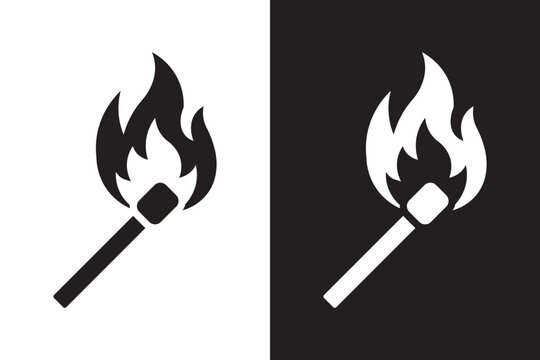 Burning match stick icon collection on contrasting black and white backgrounds, Essential fire symbols for safety apps, survival guides, and chemistry branding applications.