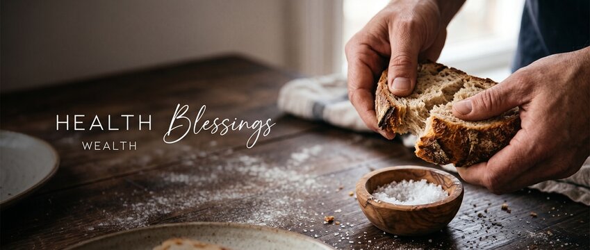 Hands breaking artisan sourdough bread over wooden rustic kitchen table with sea salt, flour, and text overlay for health, wealth, and blessings concept background banner photo for food industry.