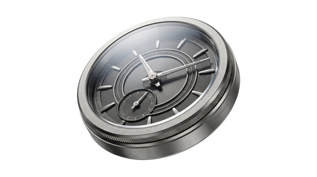 Modern silver wall clock with black face, elegant metallic analog timepiece, luxury watch dial on white background