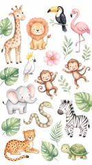 Obraz premium Watercolor jungle animals and tropical leaves illustration set