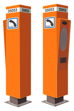 Orange highway emergency telephone pillar for roadside SOS assistance, vehicle breakdown support, and motorist safety communication (cut out)