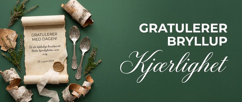Norwegian wedding scroll invitation card layout on dark green background with rustic birch bark, vintage silver spoons, wax seal, heather, elegant Scandinavian bridal party congratulations template.