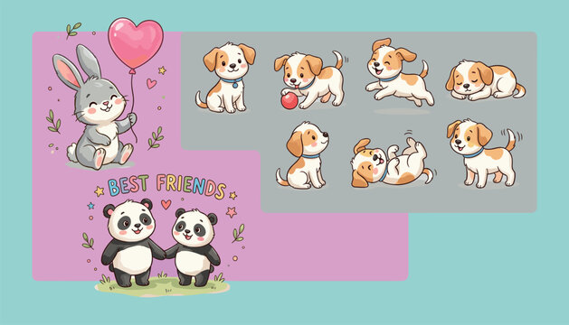 Cute animal character vector illustration set featuring a bunny with a heart balloon panda best friends and a puppy in various playful poses