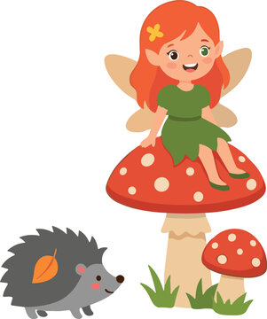 Cute autumn fairy character with wings sitting on a red spotted mushroom cap next to a small hedgehog vector illustration isolated on white background