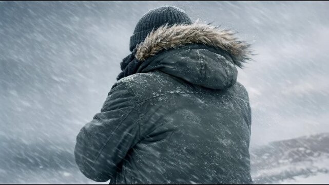 A person dressed in a parka standing in the snow, perfect for winter scenes or cold weather settings