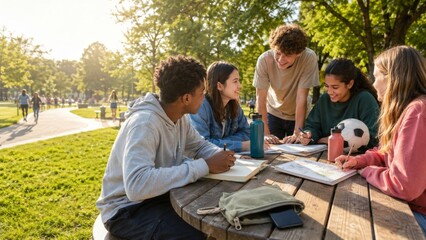 Teenagers studying outdoors around picnic table, discussing social media ban © dvoevnore