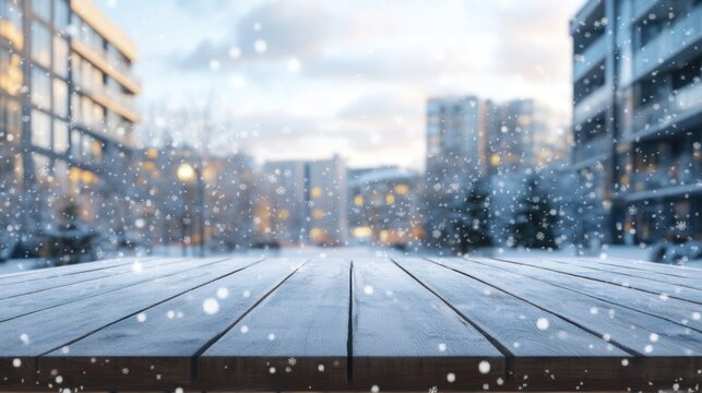 Empty Wooden Table Covered in Frost with Blurred Winter Cityscape Background