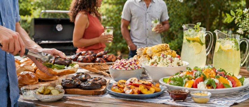 Outdoor courtyard bbq party with diverse food and people enjoying summer feast