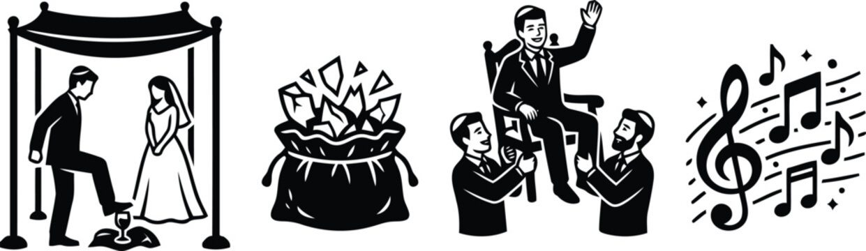 Black and white jewish wedding ceremony icons set with chuppah and music notes