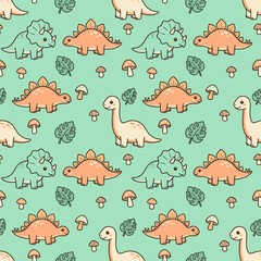 Cute Baby Dinosaurs Seamless Pattern with Leaves and Mushrooms for Kids Fabric and Wallpaper Design © Zeva Arunika