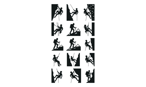 Silhouette icons of rock climbers and mountaineers rappelling and ascending steep cliffs with ropes and gear