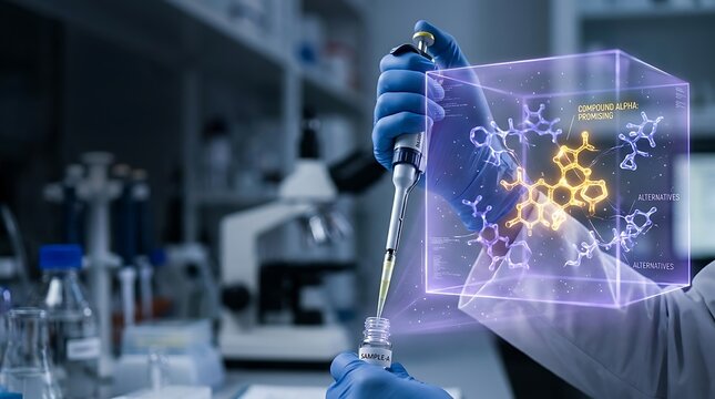 Scientist using a pipette in a modern laboratory analyzing chemical molecular structures with holographic data visualization technology