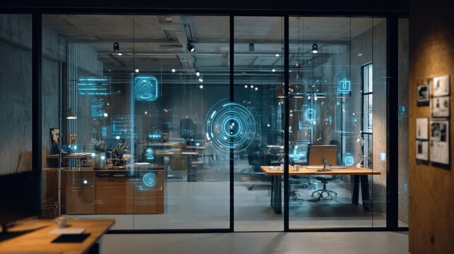 Digital security interface overlaying a modern office interior