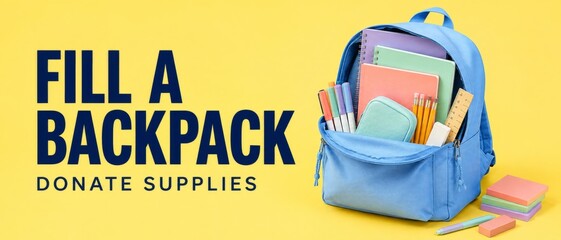 Back to school donation concept with blue backpack full of supplies on yellow background © dvoevnore