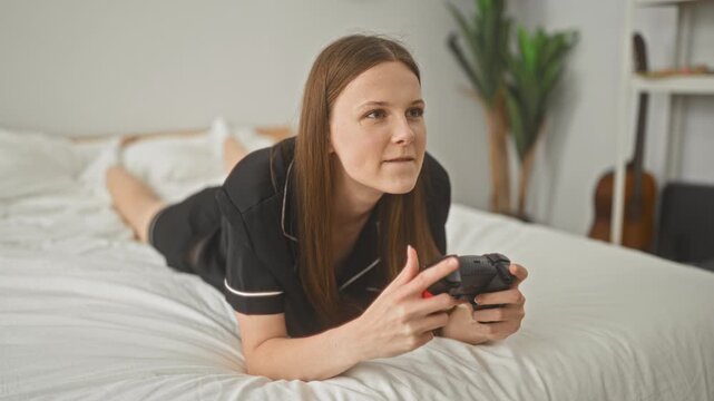 Woman lying on bed holding a game controller, hands gripping joystick, focused gaze while playing games on a white bed inside a building bedroom; focused play.