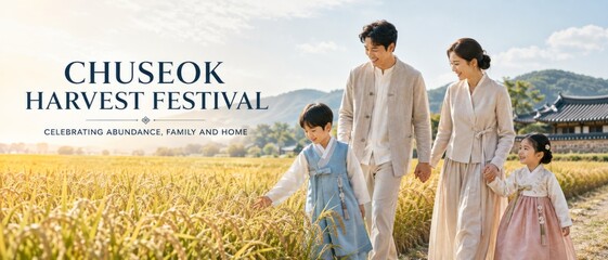 Chuseok holiday family walking through rice field in traditional korean attire © dvoevnore