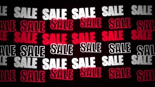 Animated sale typography pattern scrolling on black background features bold red and white lettering with kinetic motion for retail marketing promo video clip.