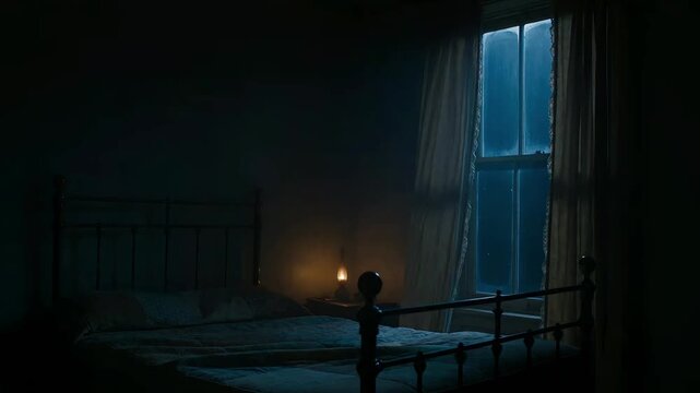Dark eerie bedroom with vintage iron bed, glowing oil lamp on nightstand, and cool blue moonlight streaming through a tall window.