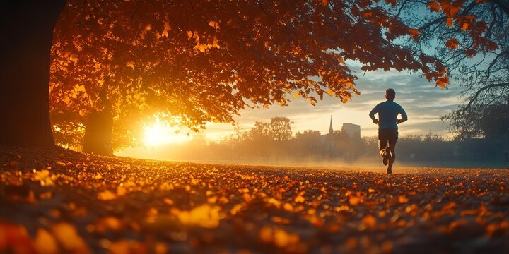 A mature man jogging during a peaceful autumn morning sunrise in a picturesque scenic city park.