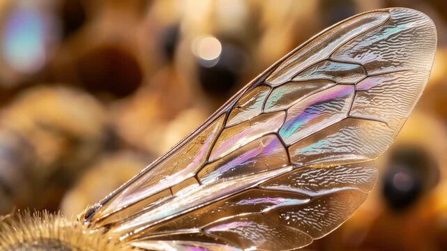 Tracking shot of bee wing fluttering over honeycomb cells inside warm beehive, close up study of iridescent membrane, veins, texture and subtle movement