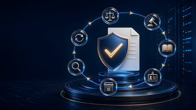 Futuristic cyber security shield hologram with legal governance icons for data privacy and regulatory compliance protection