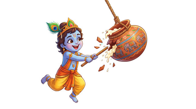 Cute 3D illustration of baby Lord Krishna trying to break a dahi handi pot with a stick during Janmashtami festival, isolated on a clean white background, perfect for Indian religious holiday greeting