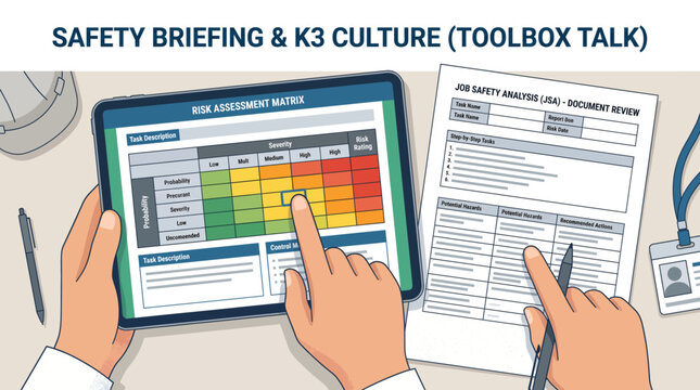 A person's hands reviewing a digital risk assessment matrix on a tablet and a physical job safety analysis document, emphasizing workplace safety and K3 culture.