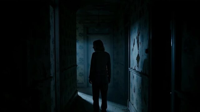 Eerie silhouette of a woman standing in a dark, dilapidated hallway with peeling wallpaper and dramatic cold blue lighting in a haunted house.