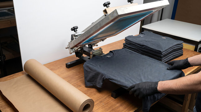 Printers hands in black gloves placing blank t shirt on screen printing carousel press machine frame on wooden workbench table in custom apparel production studio workshop