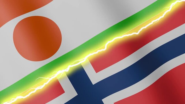 Two waving flags Niger and Norway with diagonal lightning seamless, 4k loop