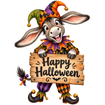 A grinning donkey dressed as a jester for Halloween holds a wooden sign that says Happy Halloween, ready to spread festive cheer and spooky fun.