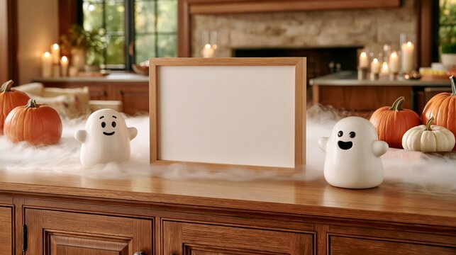 Blank framed sign with ghost decorations and pumpkins on kitchen counter  