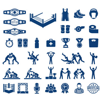 Wrestling icon set with equipment and athlete silhouettes