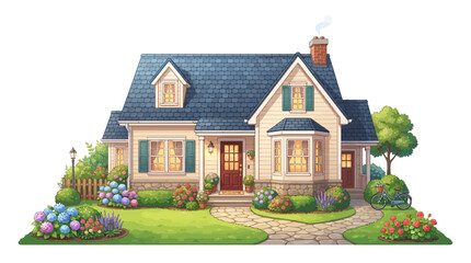 Fototapeta premium Charming Suburban House with Lush Green Garden and Flowers.