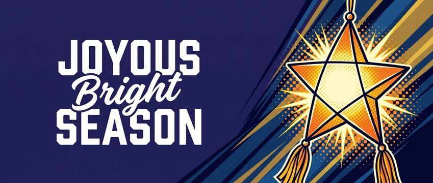 Christmas Parol Star Lantern Banner with Joyous Bright Season Text, Pop Art Comic Book Style Vector Background for Holiday Greeting Card, Festive Celebration Banner, Filipino Christmas Decoration