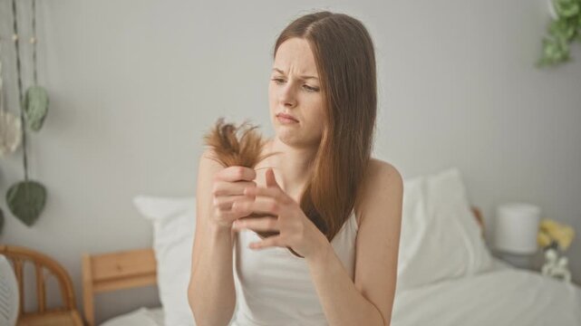 Young woman with long brown hair holds hair with hands and closely inspects split ends in a domestic bedroom building; concern haircare selfcare.