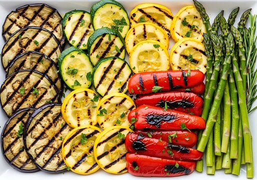 Grilled vegetables and sausages on a platter