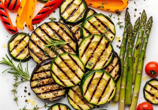 Grilled zucchini slices with fresh asparagus