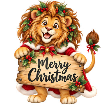 A cartoon lion dressed as Santa Claus, adorned with a holly wreath and red cape, joyfully presents a wooden sign that reads Merry Christmas.