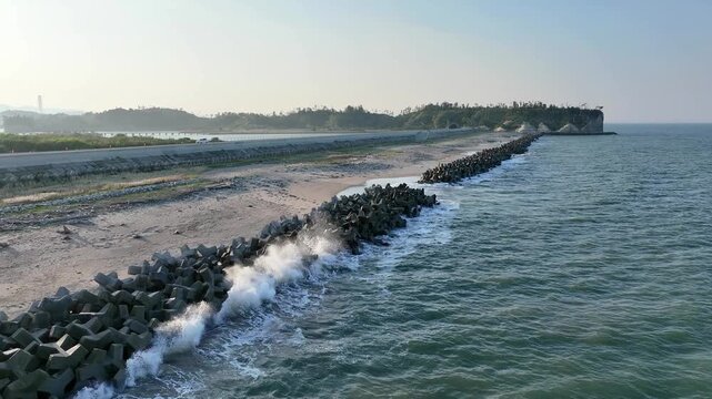 27-Second Aerial View of Ocean Shore at Ozu Coast, Fukushima, Japan - Spring