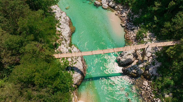 Soca River Wooden Suspension Bridge Aerial View Kobarid Slovenia