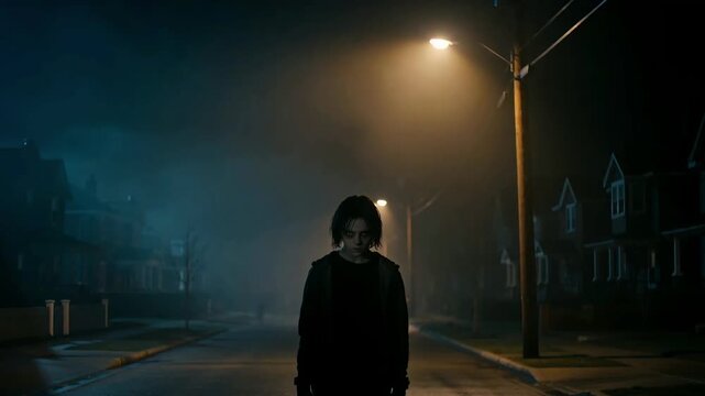 Eerie pale person stands in foggy suburban street at night under glowing streetlamp, cinematic horror atmosphere.